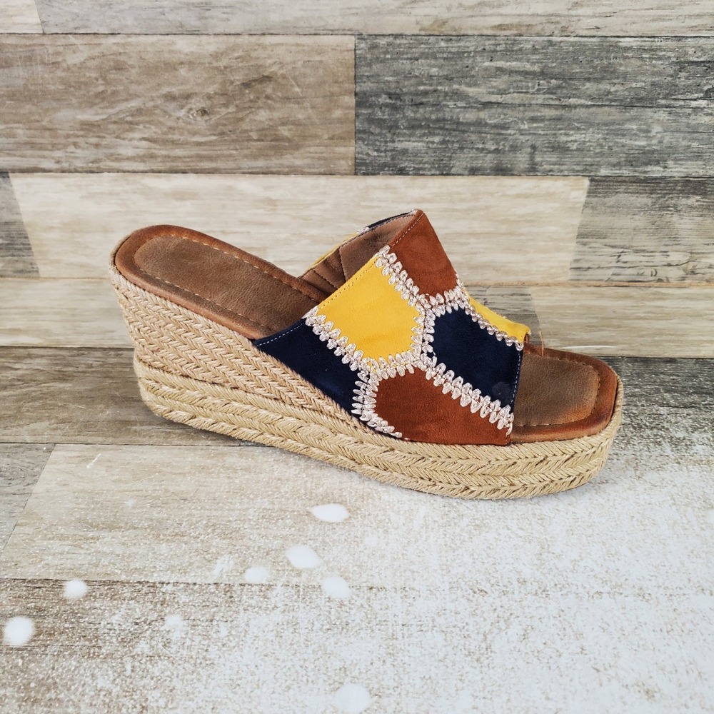 Patrizia Evolet Womens Wedge Sandals Sz 10 Yellow Multi Slip On Open & Round Toe